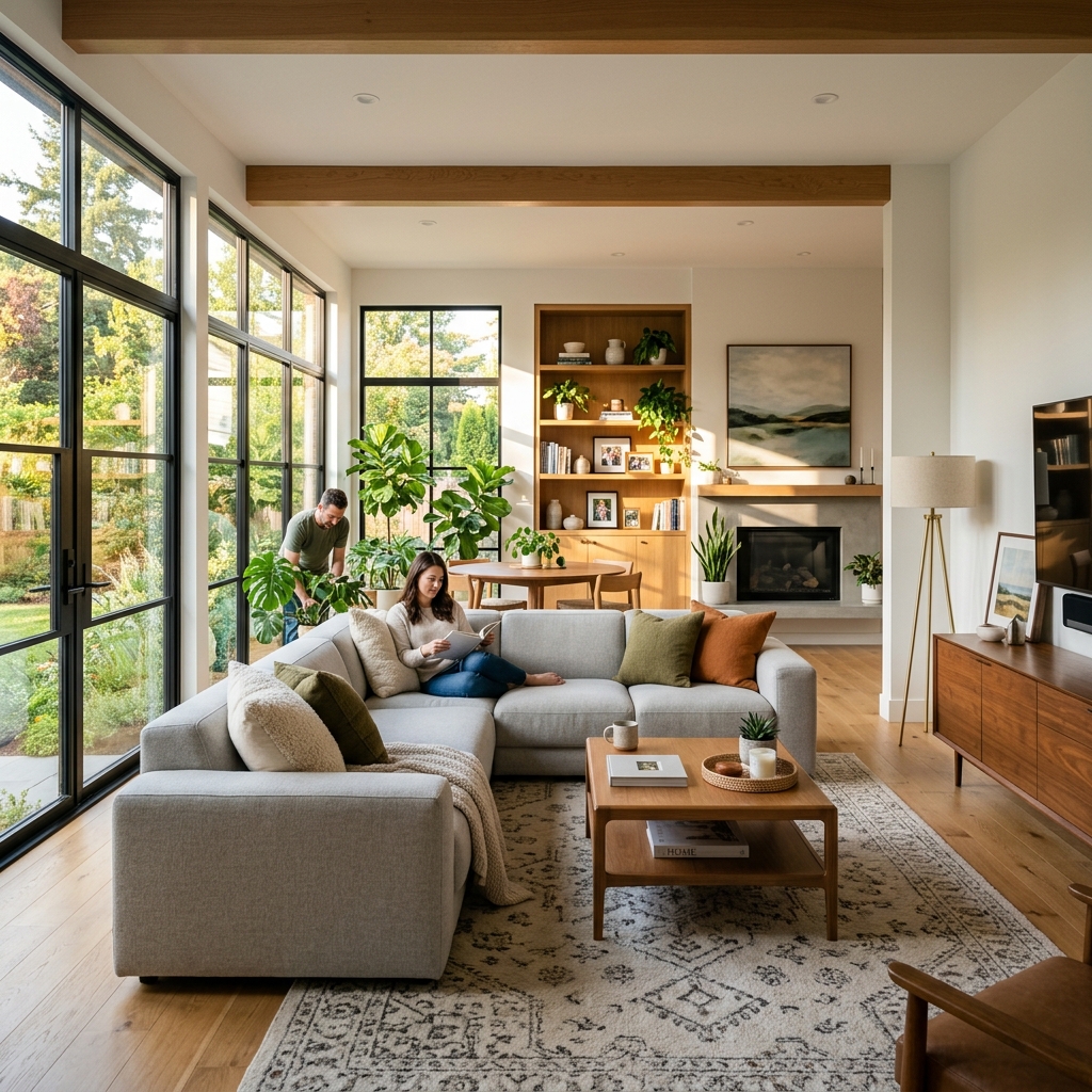 Cozy and beautiful modern living room with warm sunlight, green plants, stable home environment