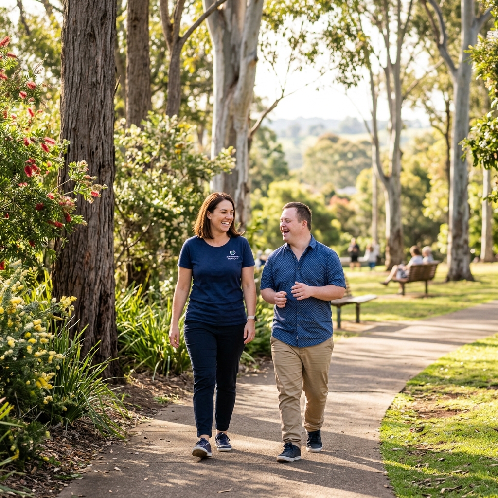 Support worker walking outside in a beautiful park with a client, smiling