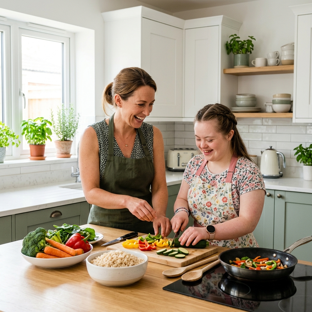 Support worker cooking a healthy meal with a smiling individual in a clean kitchen