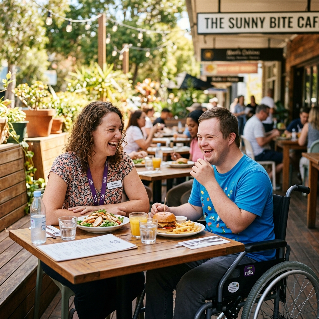 A happy NDIS participant and support worker sharing lunch at a sunny cafe, smiling and celebrating milestones