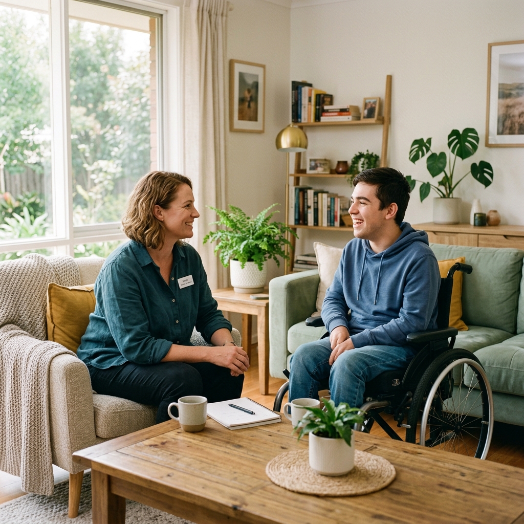 Friendly support worker chatting and laughing with an individual in a bright, modern living room