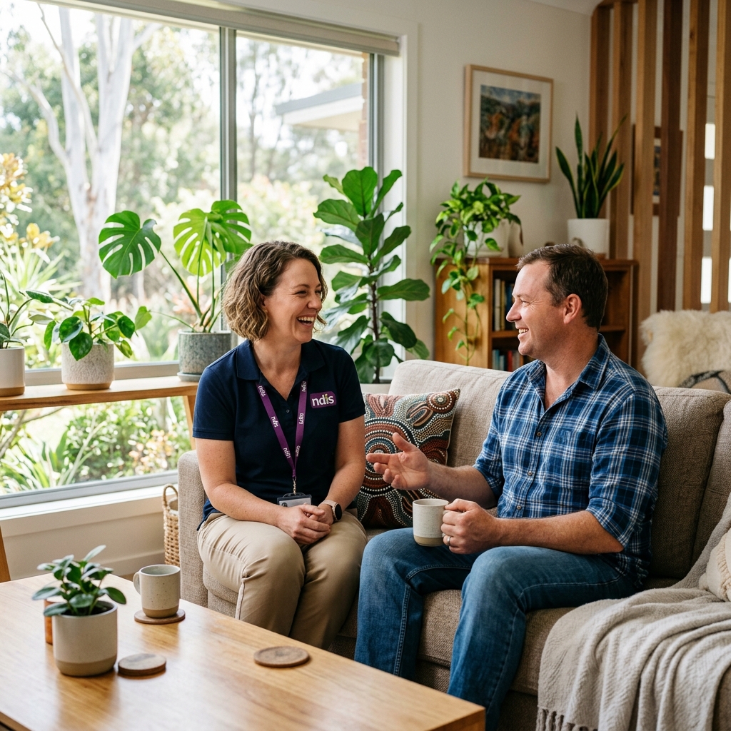 Support worker sitting empathetically and chatting with a smiling individual in a cozy, bright living room