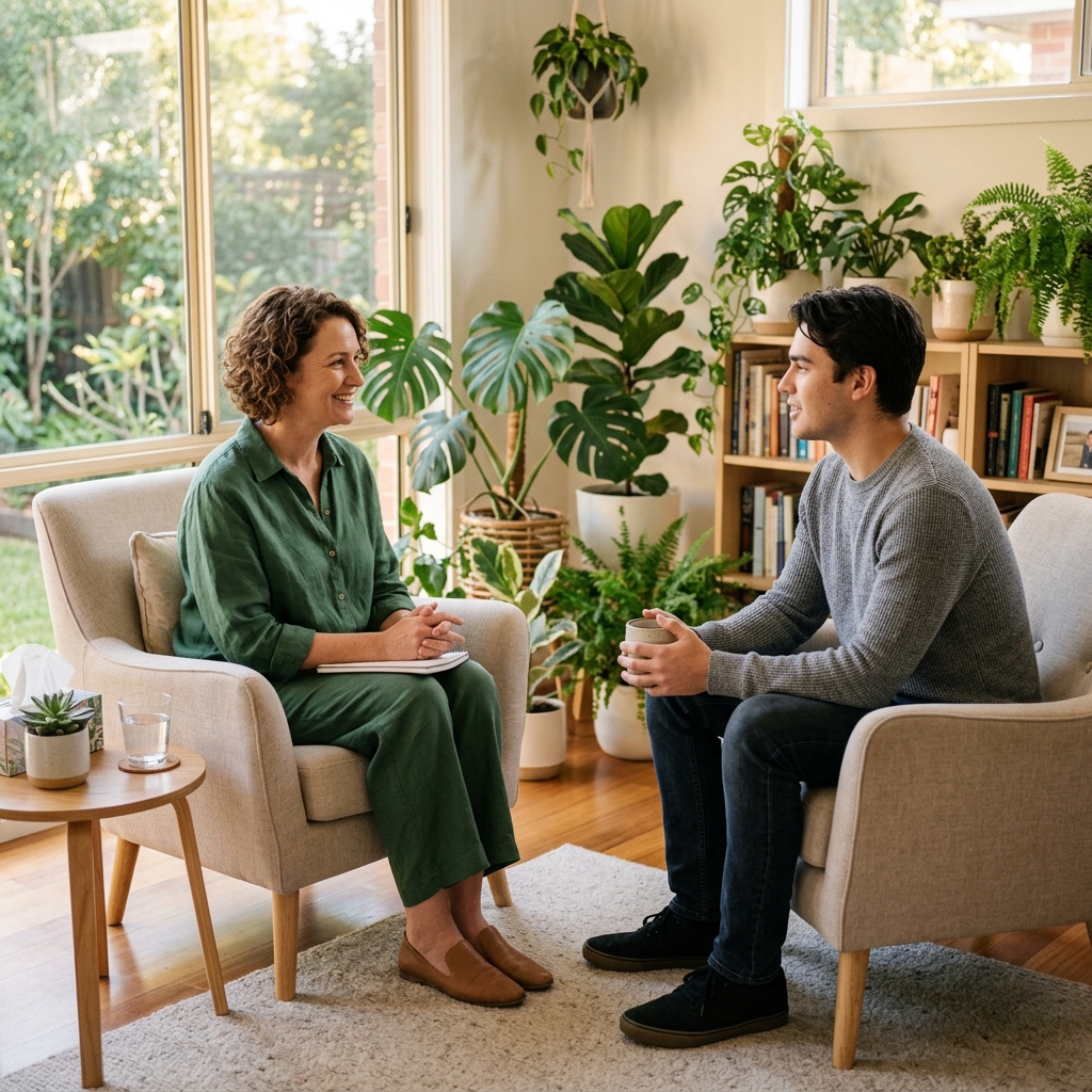 A friendly caregiver sitting empathetically with a client in a peaceful, plants-filled living room